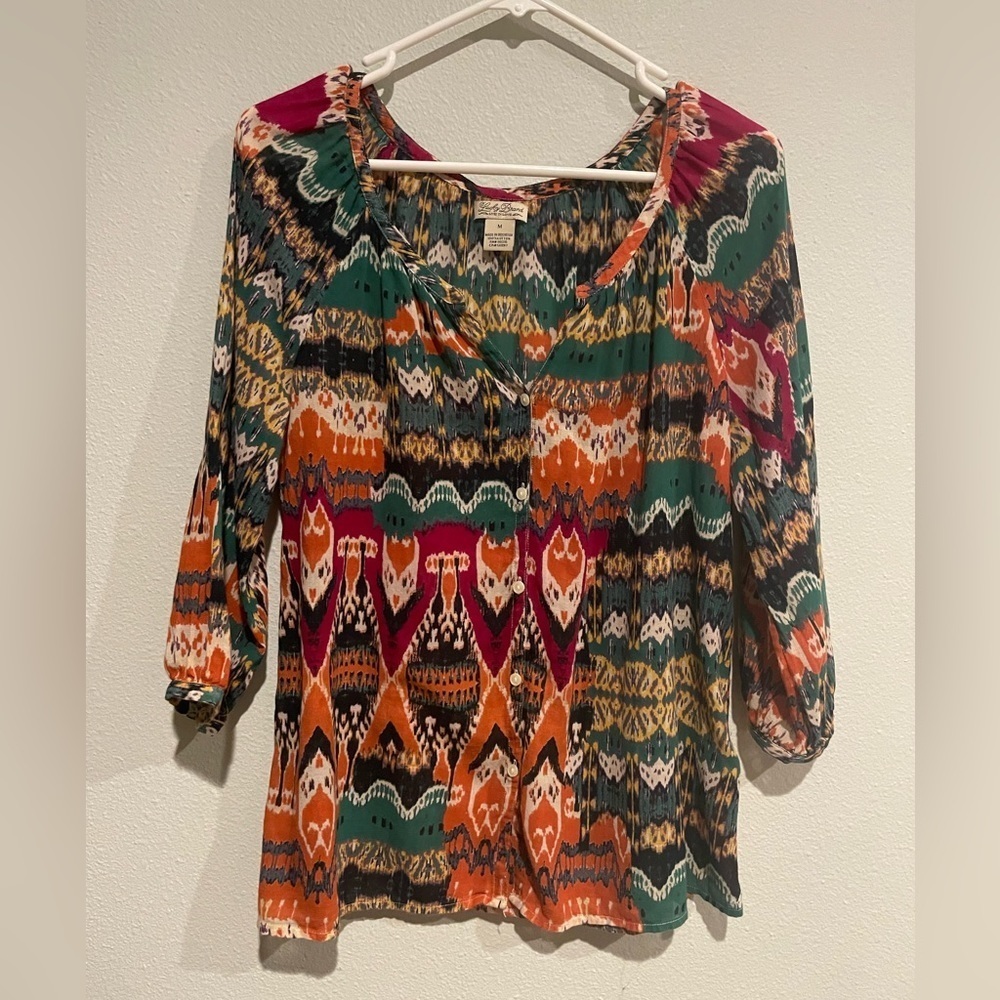 Women’s Lucky Brand multi-colored Aztec print button down.  Size M